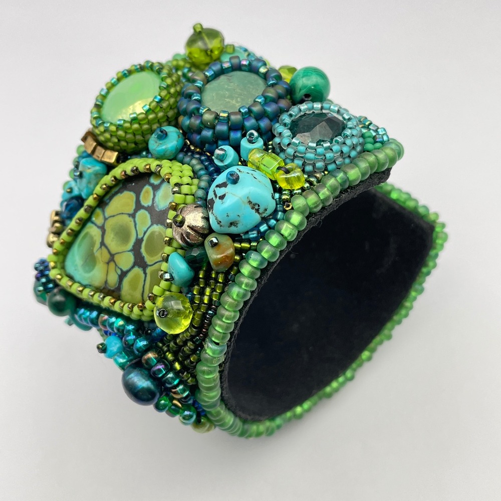 LARGE Beaded Turquoise Boho Cuff Bracelet Adjustable Statement Chunky Bracelet - Picture 10 of 17